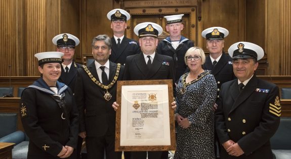 Reservists from HMS Sherwood with the Sherrif of Notitngham and Lord Mayor of Nottingham after the scroll presentation