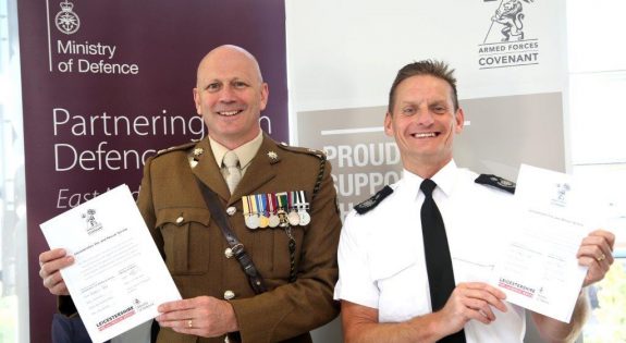 Lieutenant Colonel Keith Spiers and Assistant Chief Fire and Rescue Officer Richard Hall  with the Armed Forces Covenant