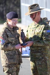Cadet Staff Sergeant Elby Williamson being presented with the Internationa Trophy by Chief of Army Lieutenant General Rick Burr AO DSC MVO