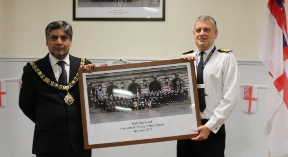 The Lord Mayor of Nottingham, Councillor Liaqat Ali and HMS Sherwood's Commanding Officer, Commander Rob Noble