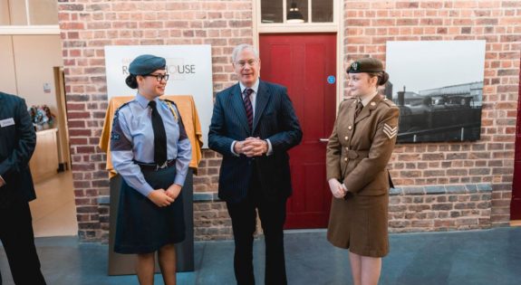 Cadet Sergeant Jade Duce and Cadet Flight Sergeant Melissa Doody with HRH The Duke of Gloucester. Please credit image to Eve Hopkinson
