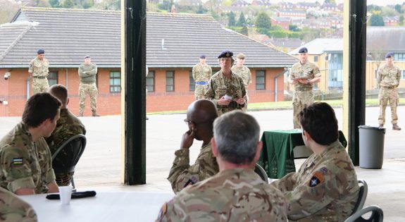 Deputy Commander Field Army, Celia Harvey, addresses returning Op CABRIT soldiers
