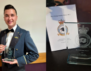 Two photos. On the left a man in a dinner suit holding an award. On the right, an award on the table with a piece of paper that says RAF Waddington.