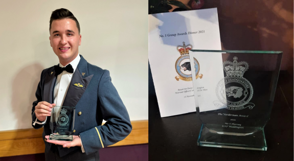 Two photos. On the left a man in a dinner suit holding an award. On the right, an award on the table with a piece of paper that says RAF Waddington.