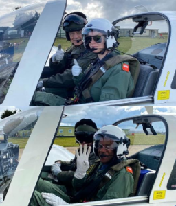 Two photos of Cadets in Tutor aircraft with instructor.