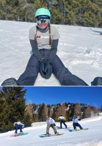 Top: LCpl Fran Reed sat in the snow. Bottom: four people snowboarded.