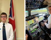 Left: FS Halford with the UK and US flags behind him. Right: WO Griffen-Edmondson in a cockpit.