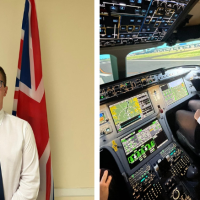 Left: FS Halford with the UK and US flags behind him. Right: WO Griffen-Edmondson in a cockpit.