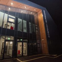 Exterior of Sobraon Barracks building at night