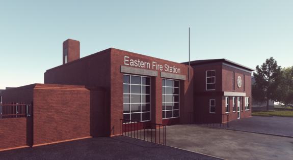 A computer generated image of Leicestershire Fire and Rescue Service's Eastern Station.