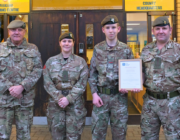 L-R: Major Palfreyman, Officer Commanding of D Company; Second Lieutenant Macpherson, Detachment Commander; Cadet Thornley; and Colonel Honeybell, Commandant.