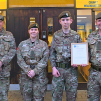 L-R: Major Palfreyman, Officer Commanding of D Company; Second Lieutenant Macpherson, Detachment Commander; Cadet Thornley; and Colonel Honeybell, Commandant.