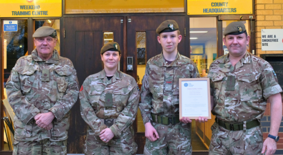 L-R: Major Palfreyman, Officer Commanding of D Company; Second Lieutenant Macpherson, Detachment Commander; Cadet Thornley; and Colonel Honeybell, Commandant.