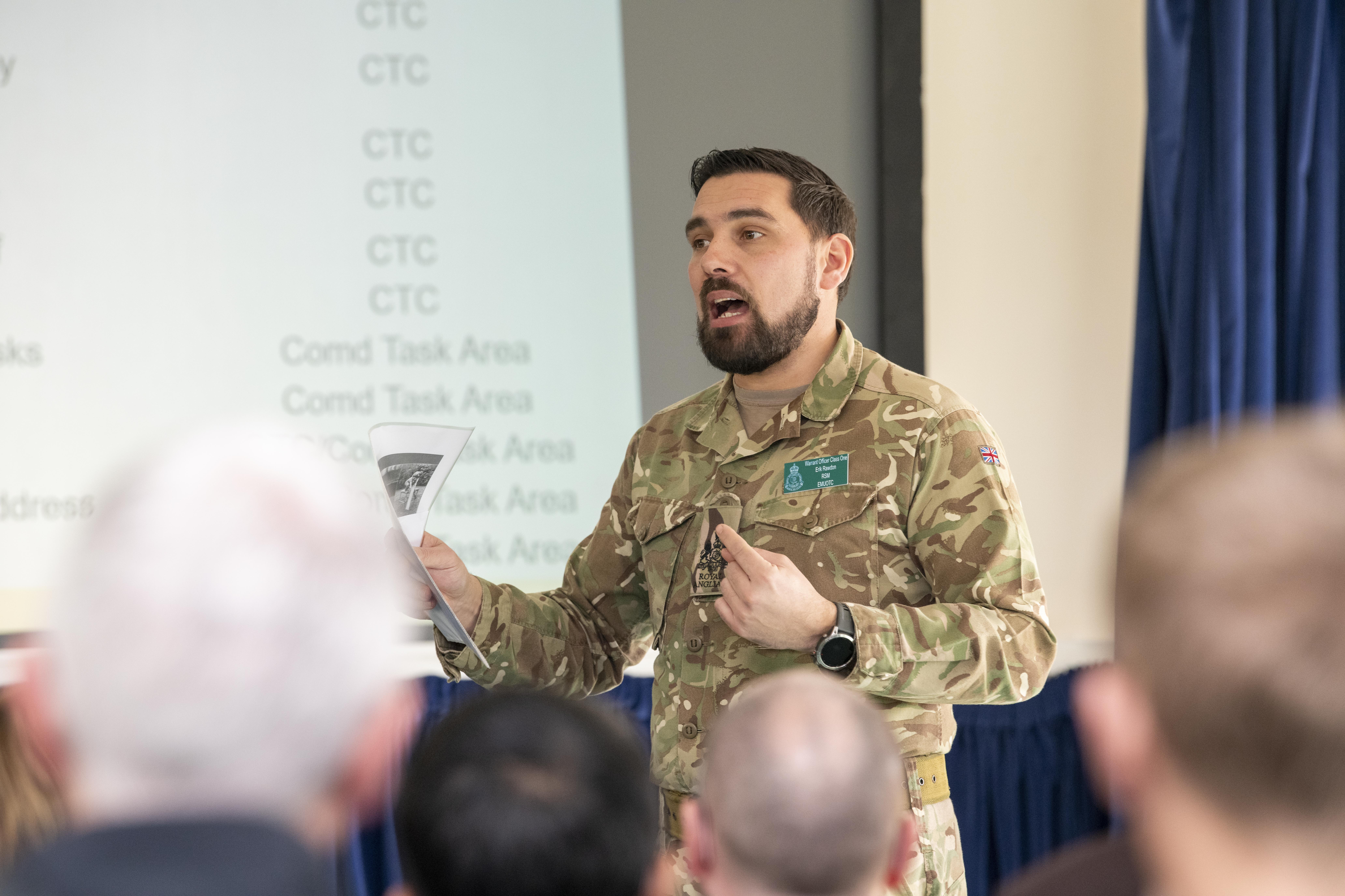  Warrant Officer Class One Erik Rawdon, Regimental Sergeant Major for East Midlands Universities Officer Training Corps giving a speech on leadership